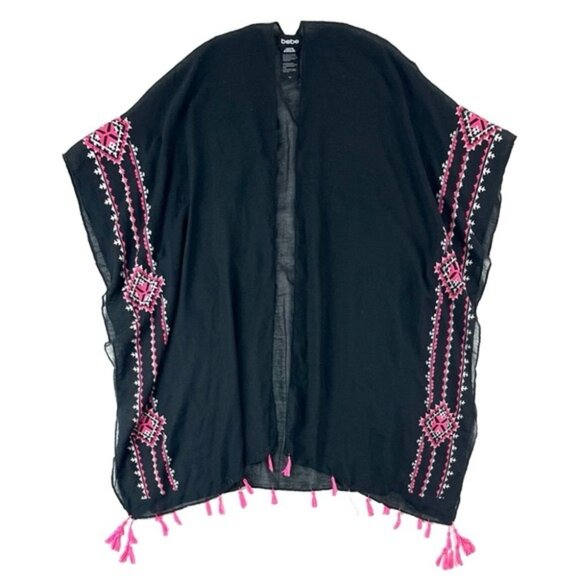 Bebe Women’s Black Embroidered Kimono Cardigan Tassel Trim One Size Boho Chic - Picture 1 of 7